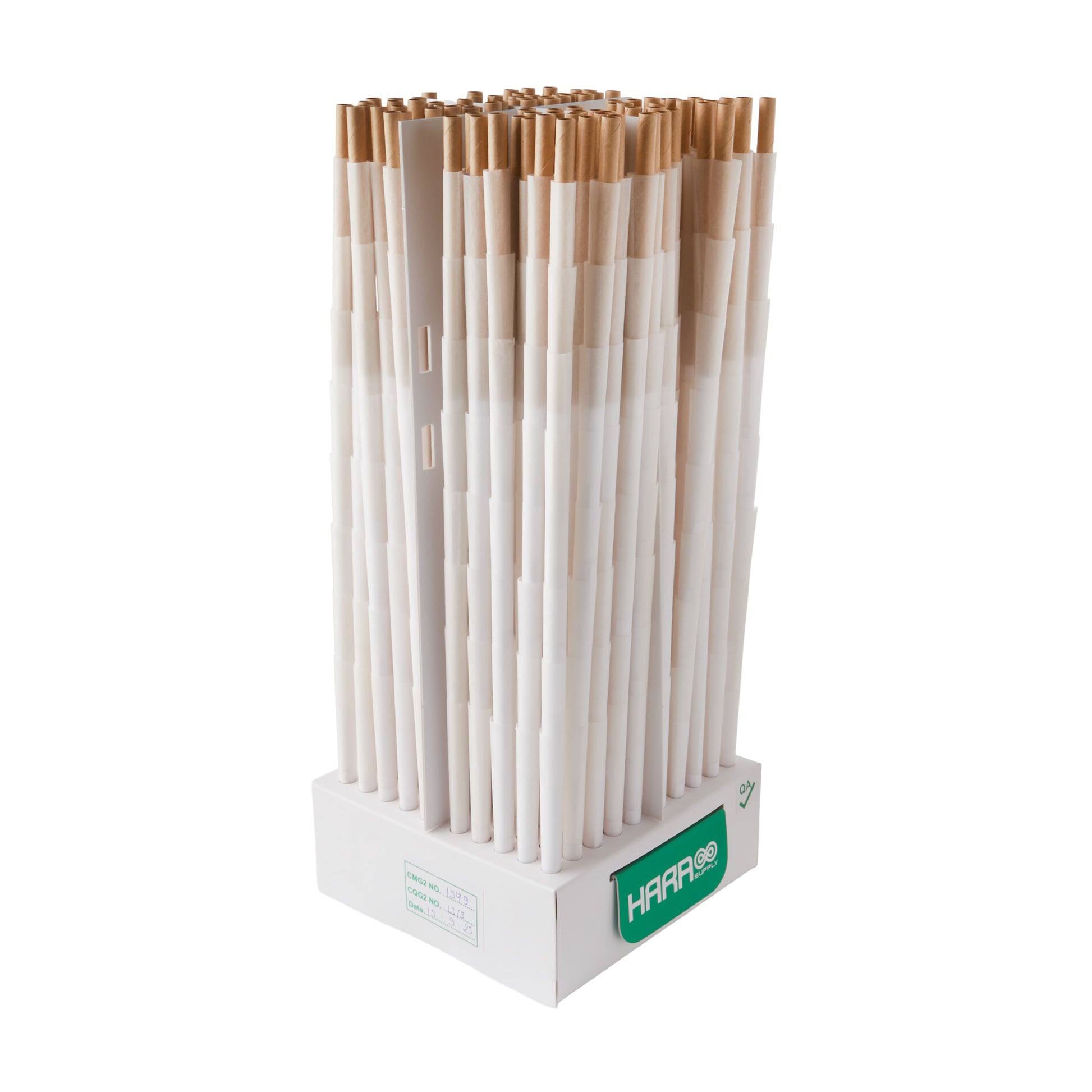 A bulk 800pc box of classic white HARA supply 98mm Slim Size pre-rolled cones