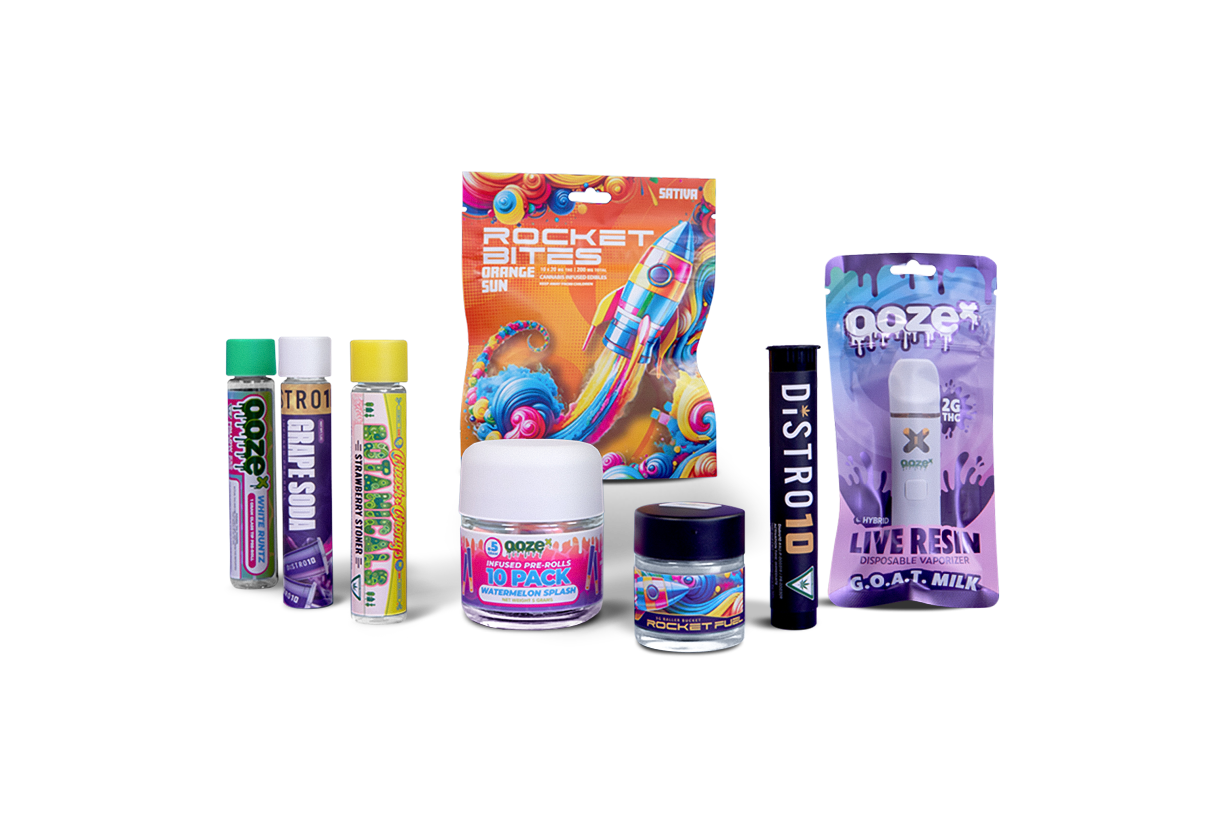 Collection of colorful product packages on a white background.